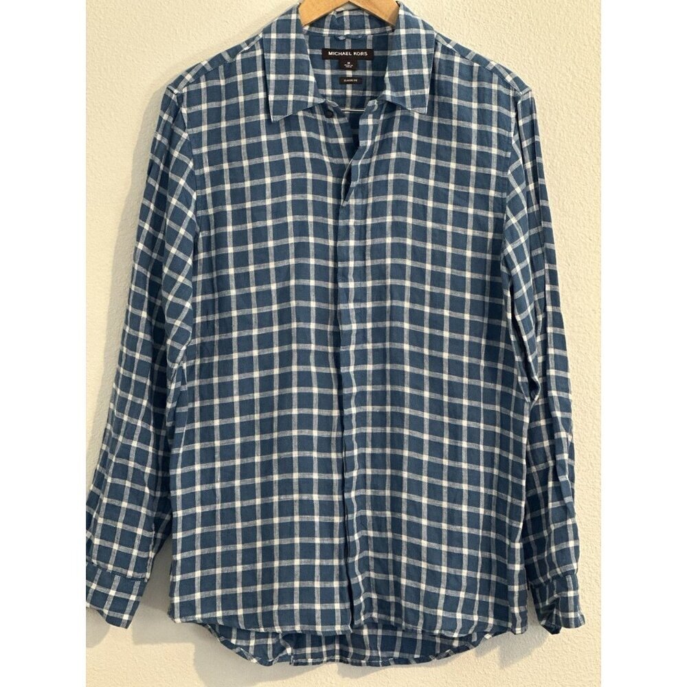 Michael Kors Men's Classic Fit Linen Shirt‎ Blue Check Long Sleeve Button Up